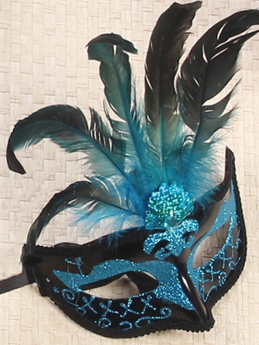 TURQUOISE & BLACK FANCY Mardi Gras Feathered Plastic GLITTER MASK